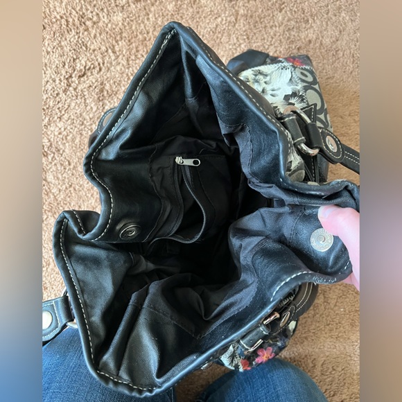 Black & Patchwork Bucket Style Handbag Metal Studs and Double Handles - Picture 2 of 6